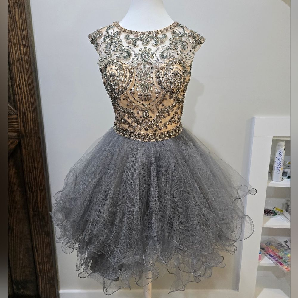 LETS Beaded Embellished Homecoming mini dress Gray and nude size small
